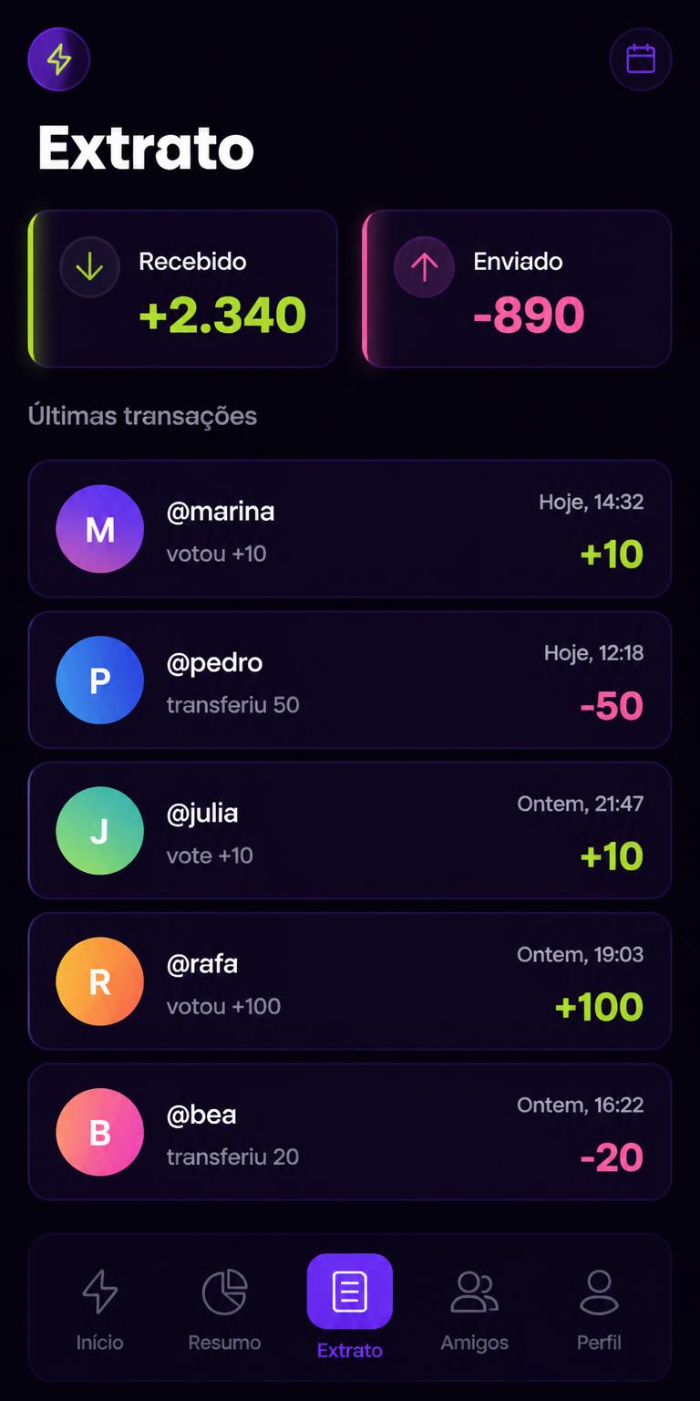 Tela do extrato com lista de transações de aura